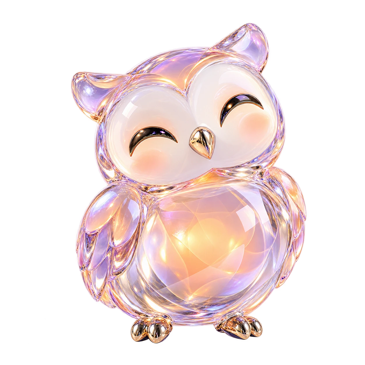 A happy, smiling owl made of luminous peach and lilac glass